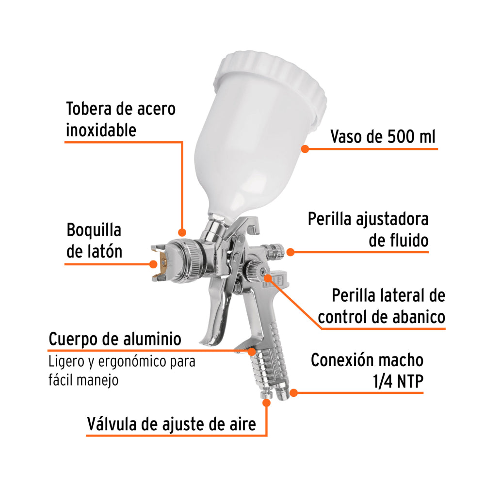 Pistola p/pintar gravedad HVLP vaso plástico, 1.4 mm, Truper