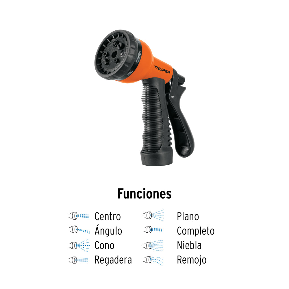 Pistola para riego de 8 funciones plástica con recubrimiento - CÓDIGO: 18482