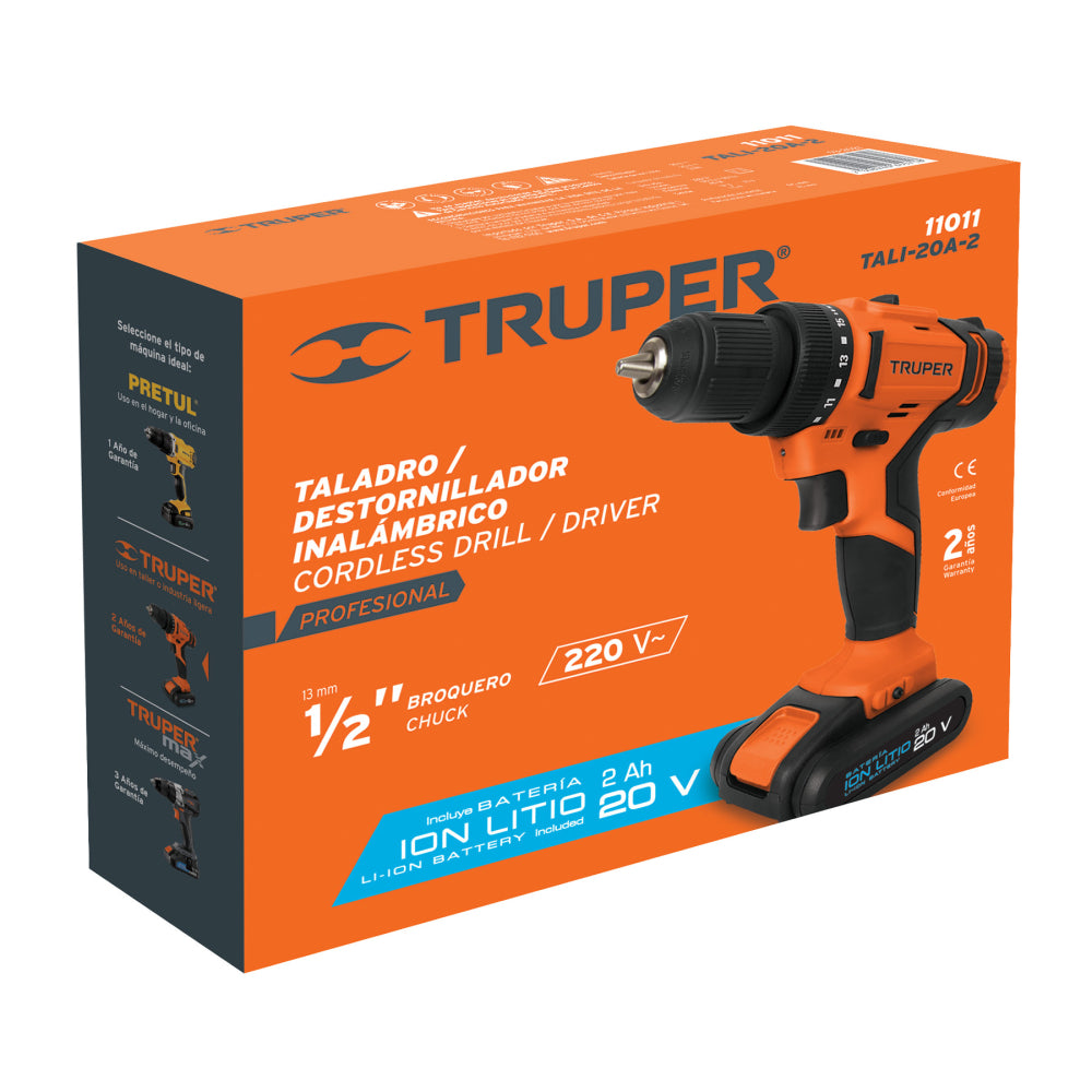 Taladro inalámbrico, batería ion Litio 20 V, 1/2", (220 V) - Código: 11011