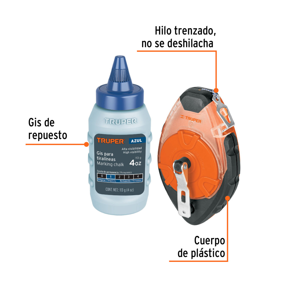 Tiralíneas profesional plástico con gis, 30m(100 ft), Truper - CÓDIGO: 18575