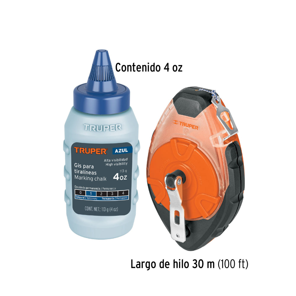 Tiralíneas profesional plástico con gis, 30m(100 ft), Truper - CÓDIGO: 18575