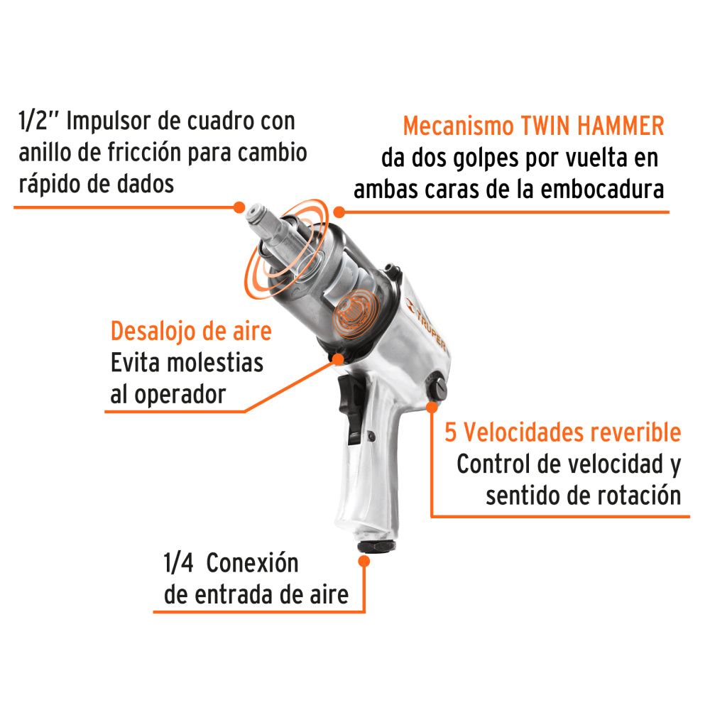Llave (pistola) de impacto neumática 1/2", ind, TRUPER