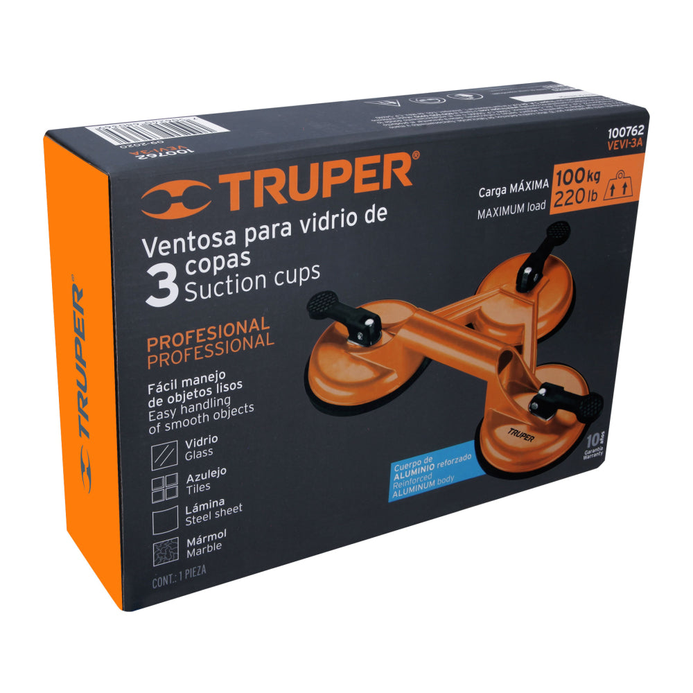 Ventosa de aluminio para vidrio, 3 copas de succión, Truper - CÓDIGO: 100762