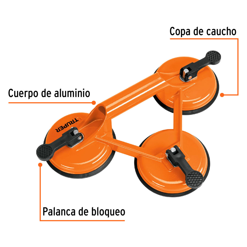 Ventosa de aluminio para vidrio, 3 copas de succión, Truper - CÓDIGO: 100762