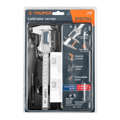 Calibrador vernier digital 6" acero inox, std y mm, Truper - CÓDIGO: 14388