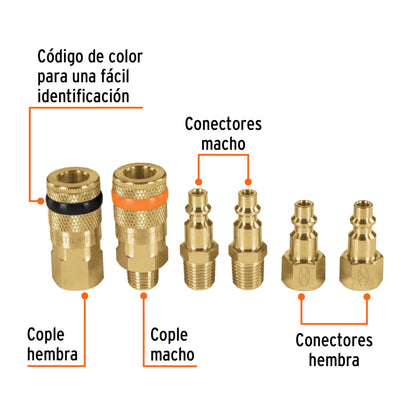 Juego de 4 conectores rápidos y 2 coples, de latón, TRUPER - Cod: 18075