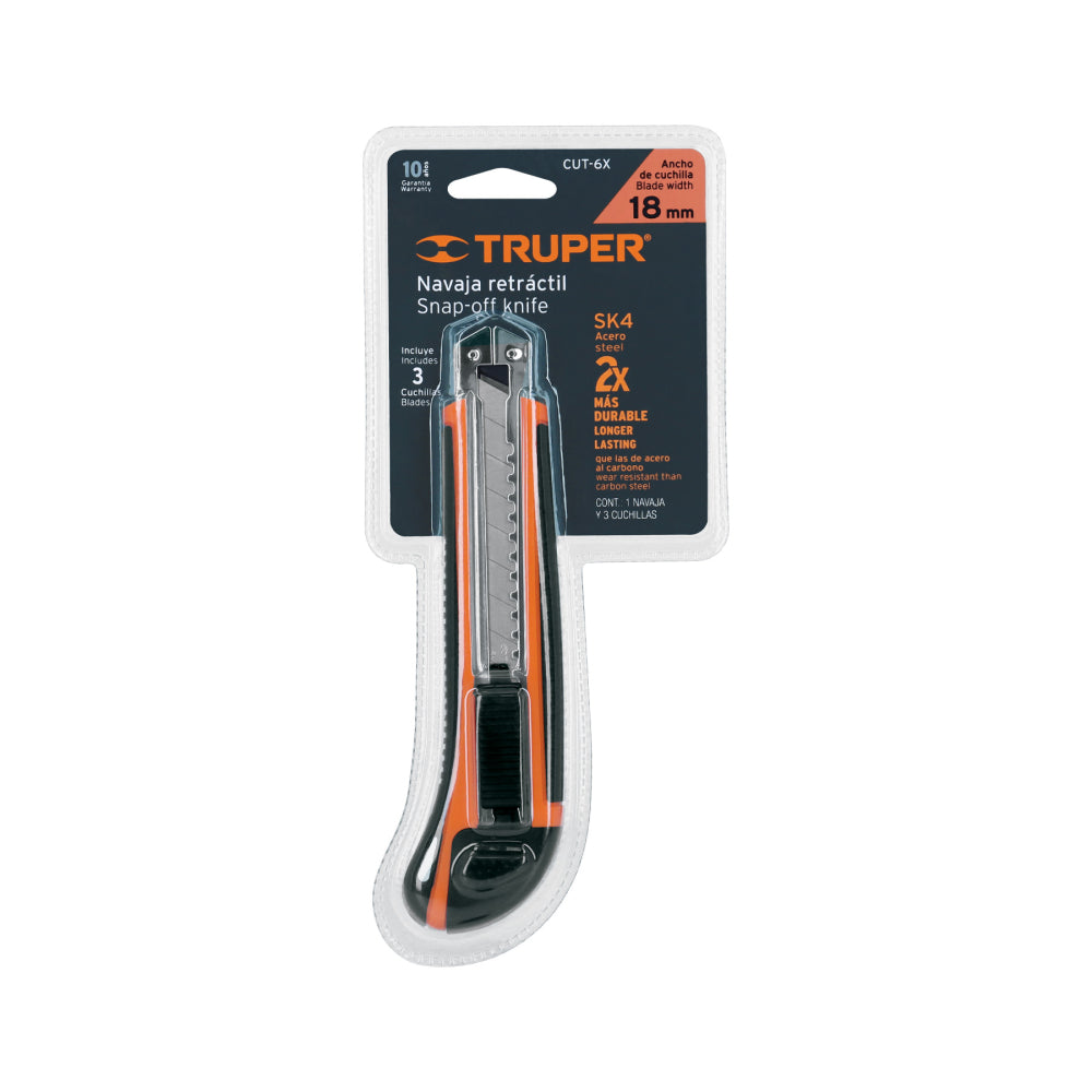 Cutter 18 mm profesional con alma metálica y grip, Truper - Cod: 16977