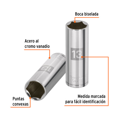 Dado largo de 13 mm, 6 puntas, cuadro 1/4", Truper - CÓDIGO: 13207