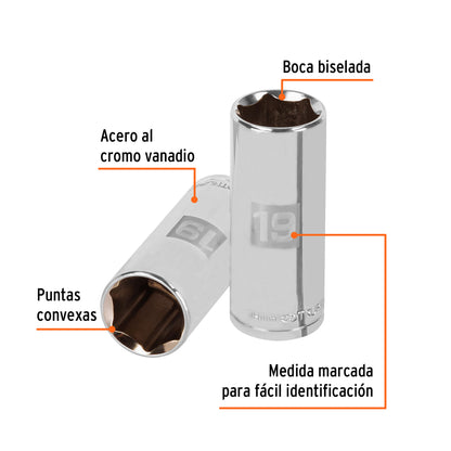 Dado largo de 19 mm, 6 puntas, cuadro 3/8", Truper - CÓDIGO: 13779