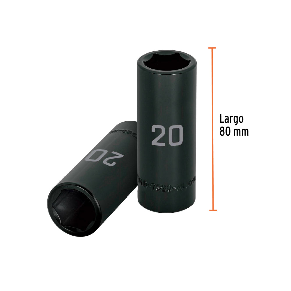 Dado largo cuadro 1/2" de impacto 6 puntas de 20 mm, Truper - Código: 12432