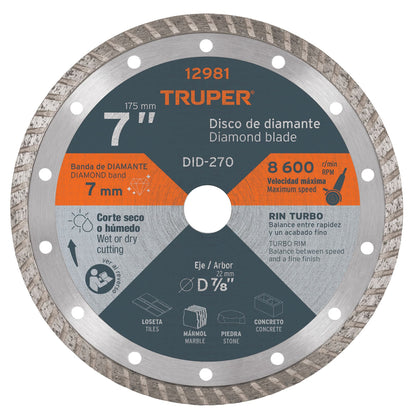 Disco de diamante de 7" x 2.8 mm, rin turbo, TRUPER