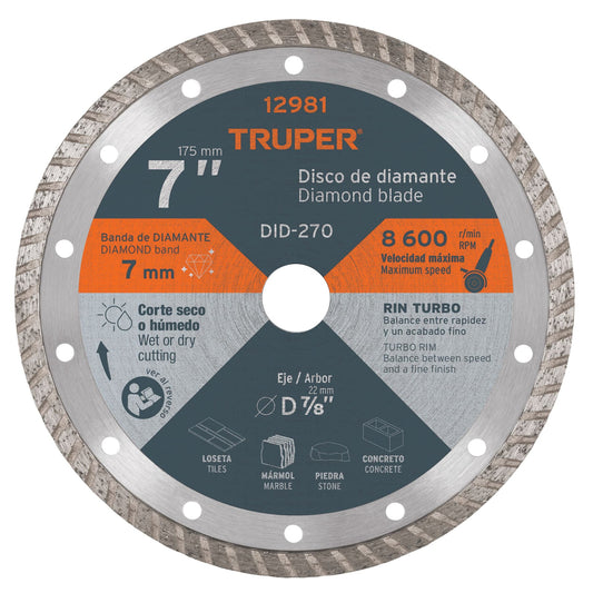 Disco de diamante de 7" x 2.8 mm, rin turbo, TRUPER