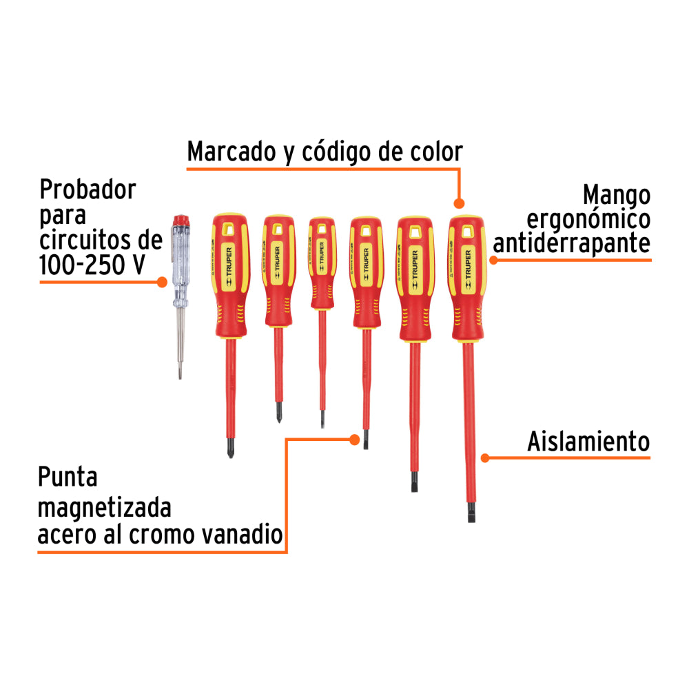 Juego 6 desarmadores dieléctricos y 1 probador de corriente - Código: 14196