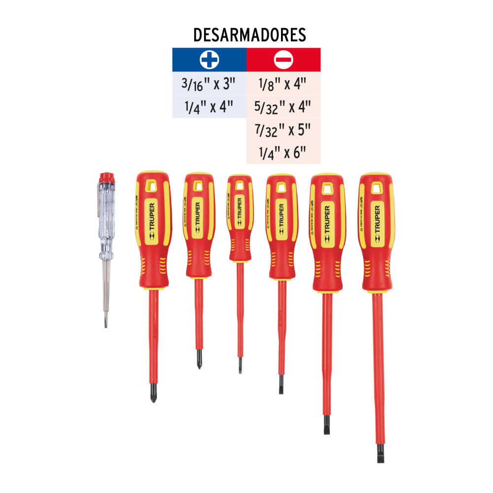 Juego 6 desarmadores dieléctricos y 1 probador de corriente - Código: 14196