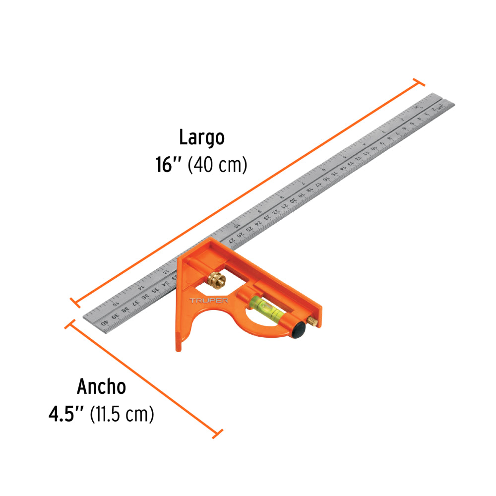 Escuadra 16" de combinación con punzón para marcar, Truper - CÓDIGO: 14381