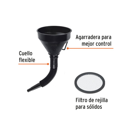 Embudo plástico 500 ml, cuello flexible con filtro, Truper