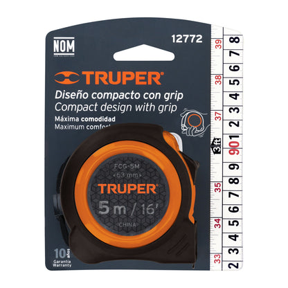 Flexómetro compacto contra impactos 5 m cinta 19 mm, TRUPER
