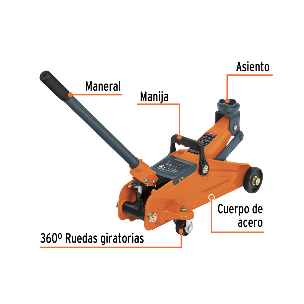 Gata hidráulico de patín, 2t, 30 movimientos con maletín, Truper - CÓDIGO: 14804