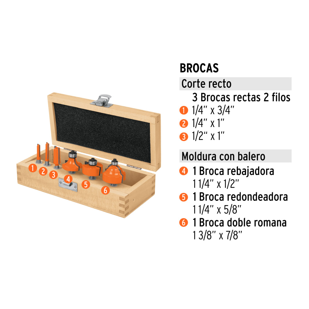 Juego de 6 brocas para router, Truper