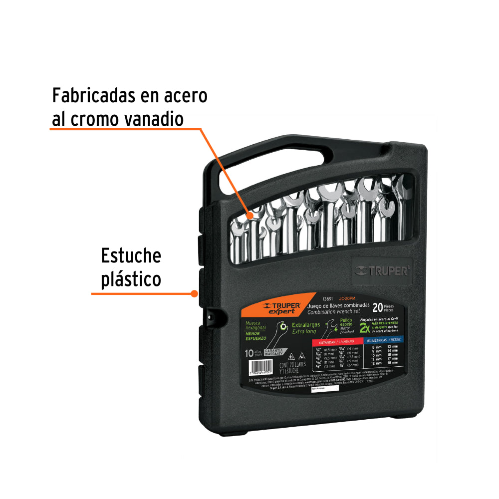 Jgo 20 llaves combinadas extralargas pulidas std y mm,EXPERT - Código: 13691