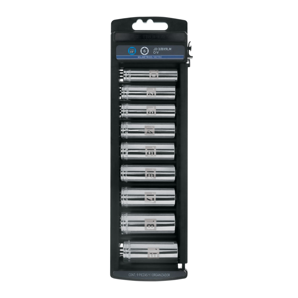 Juego de 9 dados largos cuadro 3/8" mm, Truper -  Código: 14173