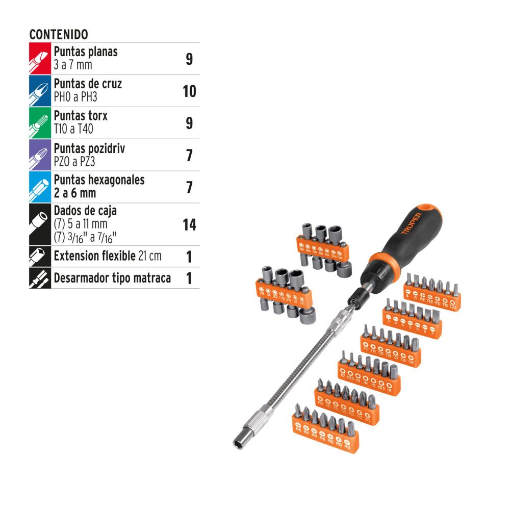Desarmador tipo matraca con 42 puntas, 14 dados y extensión - Cod: 18220
