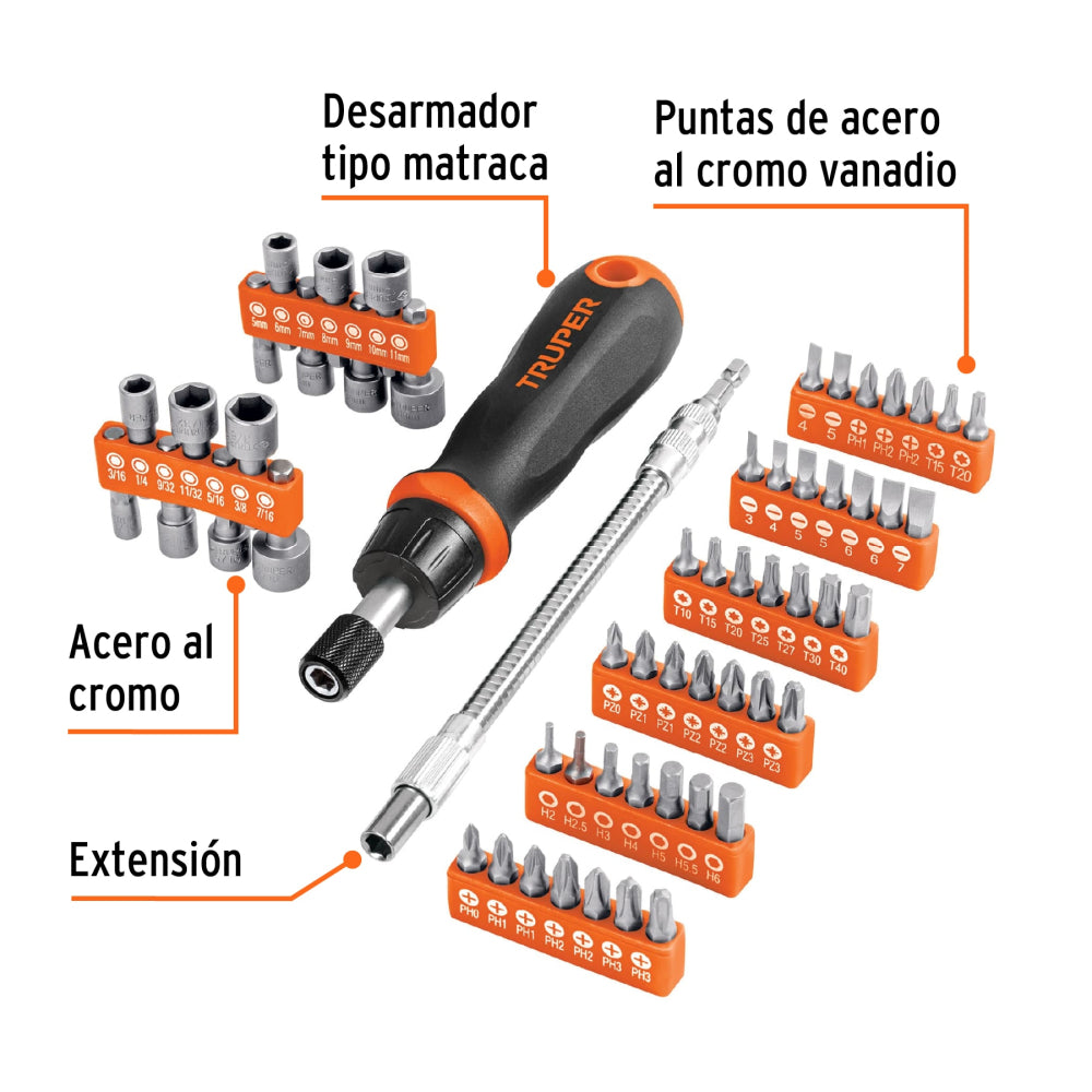 Desarmador tipo matraca con 42 puntas, 14 dados y extensión - Cod: 18220