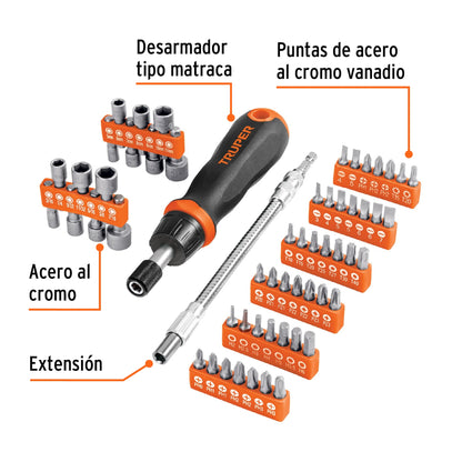 Desarmador tipo matraca con 42 puntas, 14 dados y extensión - Cod: 18220