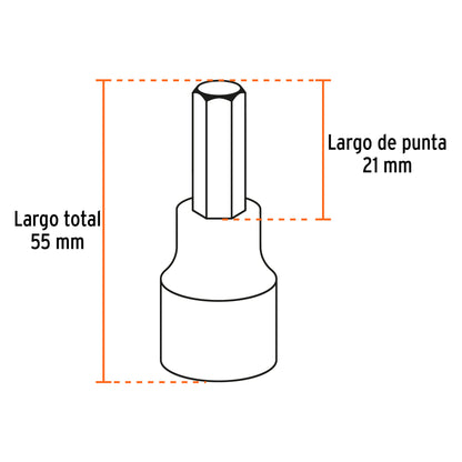 Juego de 7 dados cuadro 1/2" punta hex std, estuche metálico