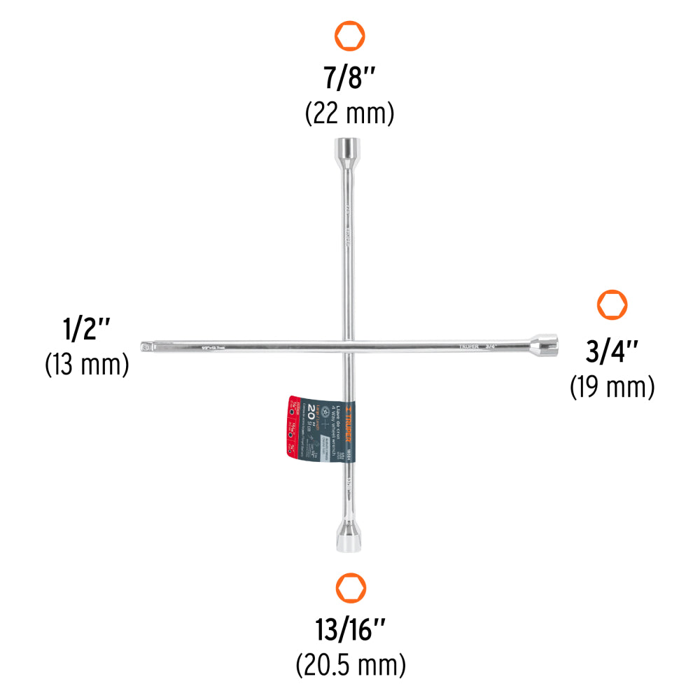 Llave de cruz 20" pulida y cromada con entrada cuadro 1/2" - Cod: 18024