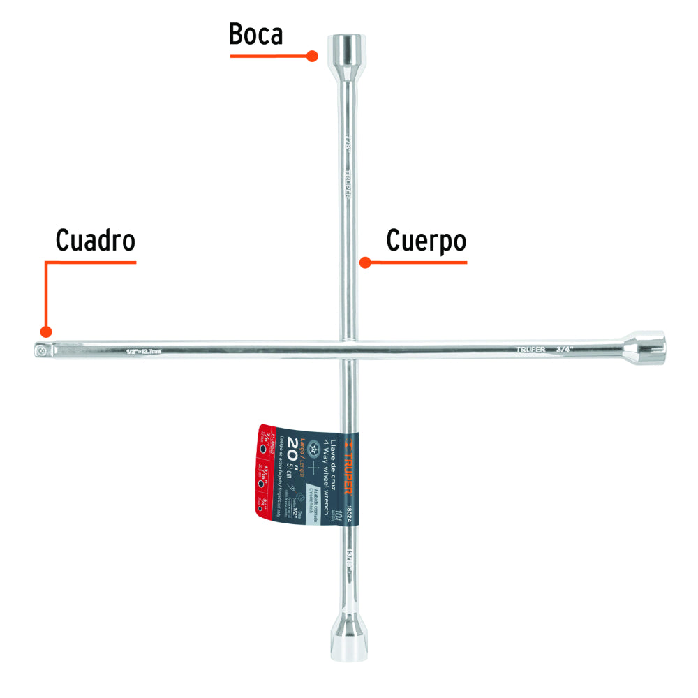 Llave de cruz 20" pulida y cromada con entrada cuadro 1/2" - Cod: 18024