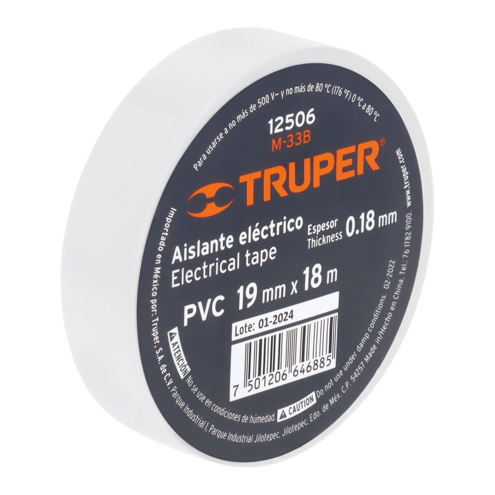 Cinta de aislar de 18 m x 19 mm, blanca, Truper - CÓDIGO: 12506