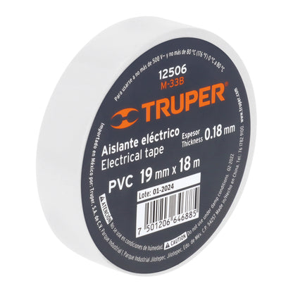 Cinta de aislar de 18 m x 19 mm, blanca, Truper - CÓDIGO: 12506