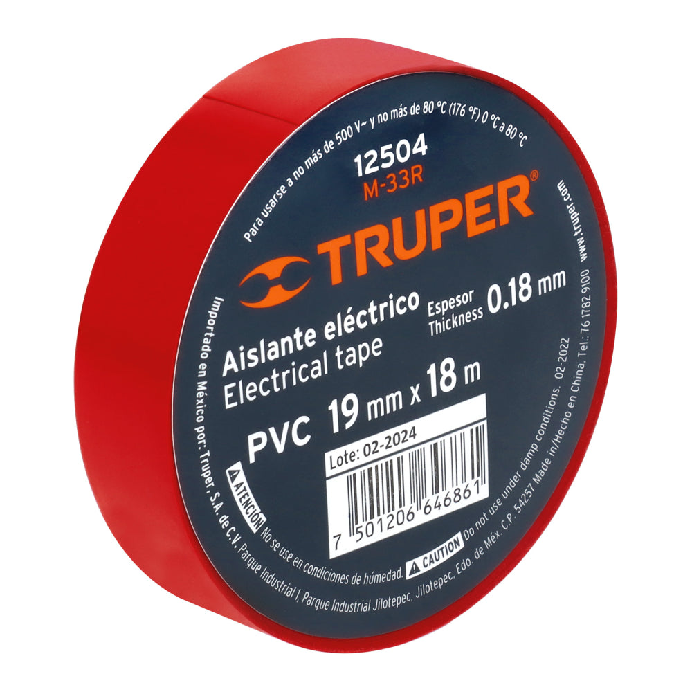 Cinta de aislar de 18 m x 19 mm, roja, Truper - CÓDIGO: 12504