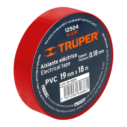 Cinta de aislar de 18 m x 19 mm, roja, Truper - CÓDIGO: 12504