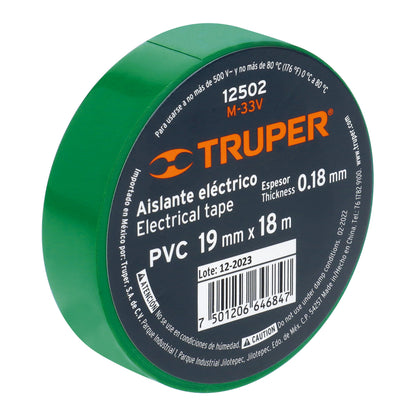 Cinta de aislar de 18 m x 19 mm, verde, Truper - CÓDIGO: 12502