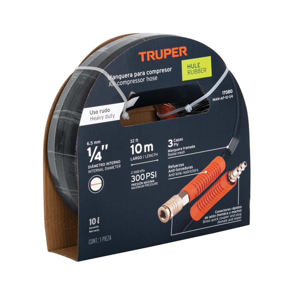 Manguera para compresor, de hule, 10m x 1/4", Truper - Cod: 17080