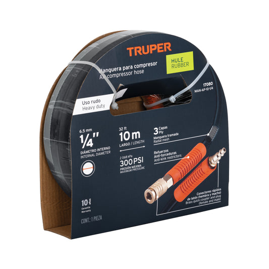 Manguera para compresor, de hule, 10m x 1/4", Truper - Cod: 17080
