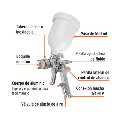 Pistola p/pintar gravedad HVLP vaso plástico, 1.4 mm, Truper