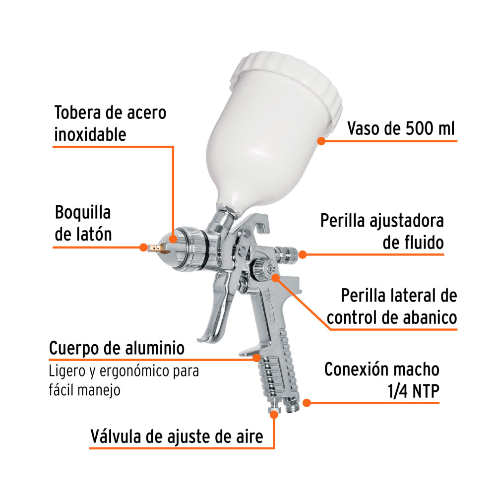 Pistola p/pintar gravedad HVLP vaso plástico, 1.7 mm, Truper