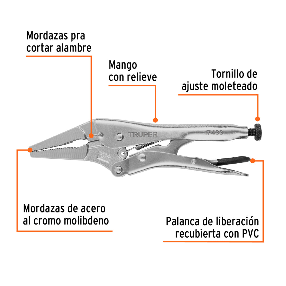 Pinza de presión 9", punta larga, Truper - Cod: 17433