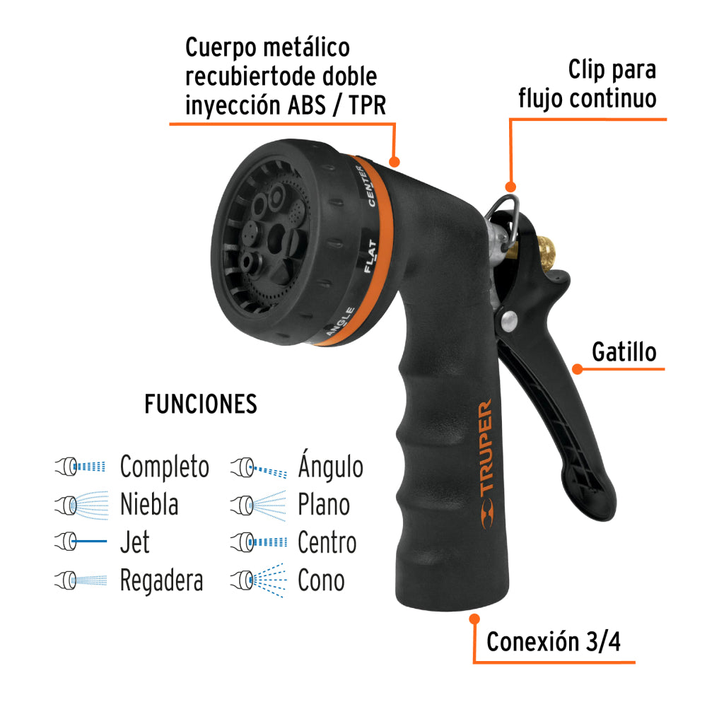Pistola para riego de 8 funciones metálica con recubrimiento - CÓDIGO: 18477